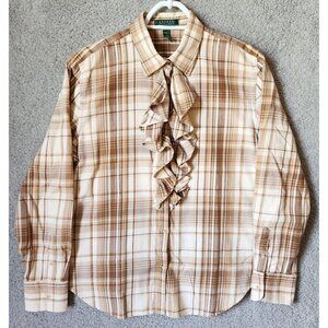 Lauren Ralph Lauren L/S Button Up Ruffle Front Plaid Western Blouse Top Beige XL